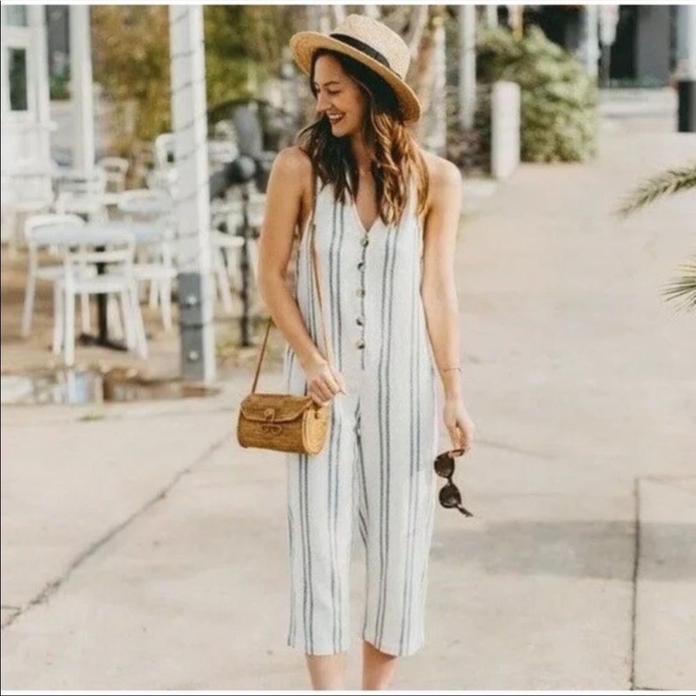 NWT Urban Outfitters UO Jordon White Striped Wide Leg Jumpsuit Romper